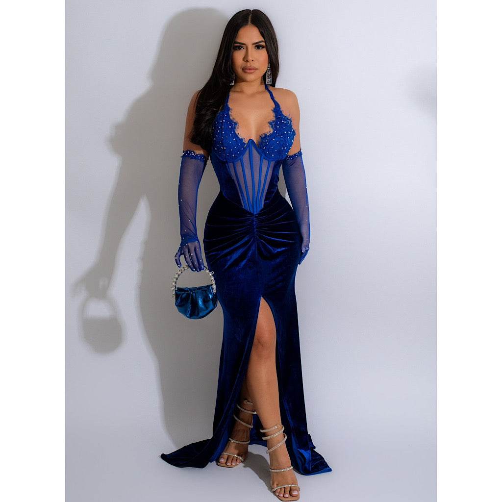 Nana Velvet Rhinestones Maxi Dress - REBECATHELABEL