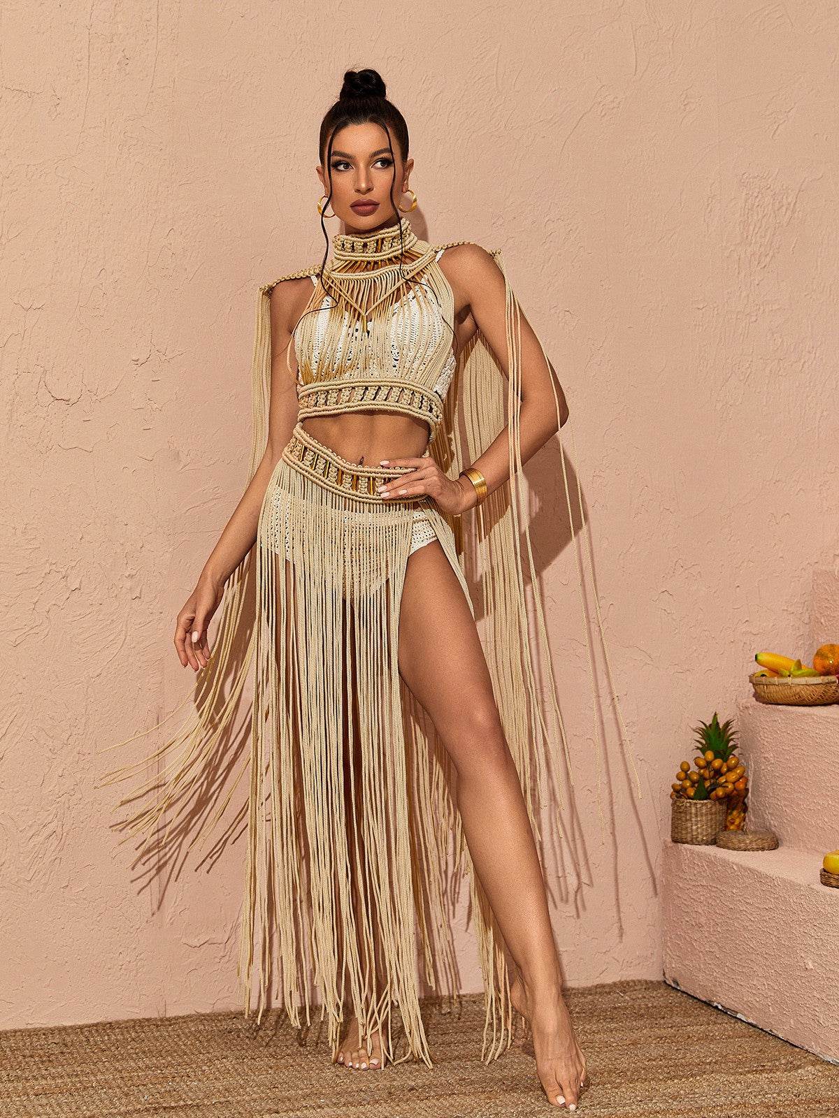 Nana Woven Fringe Set In Beige - REBECATHELABEL