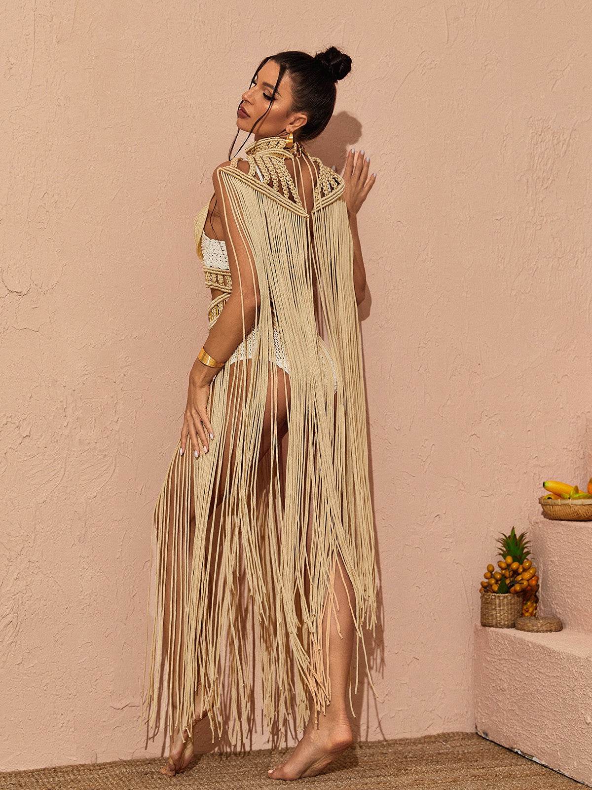 Nana Woven Fringe Set In Beige - REBECATHELABEL