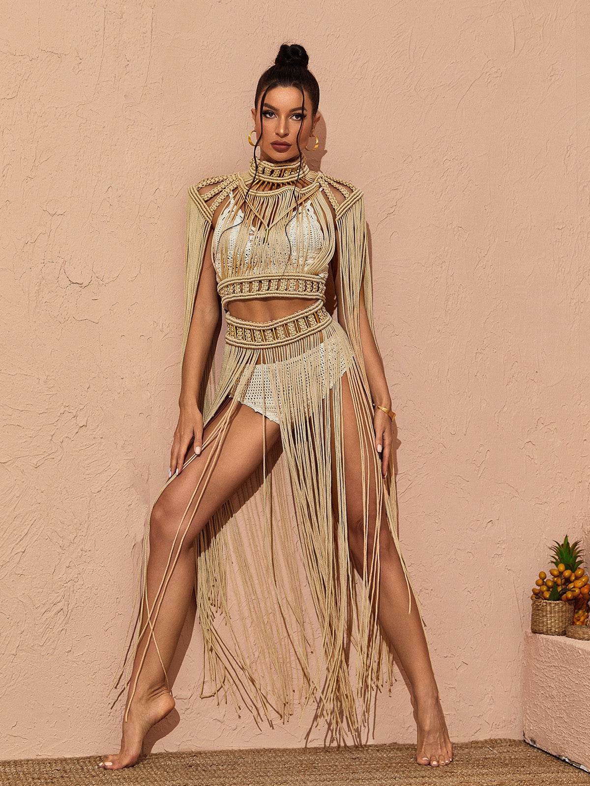 Nana Woven Fringe Set In Beige - REBECATHELABEL