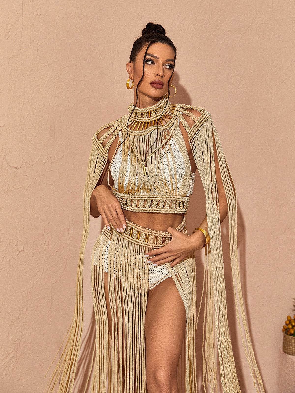Nana Woven Fringe Set In Beige - REBECATHELABEL