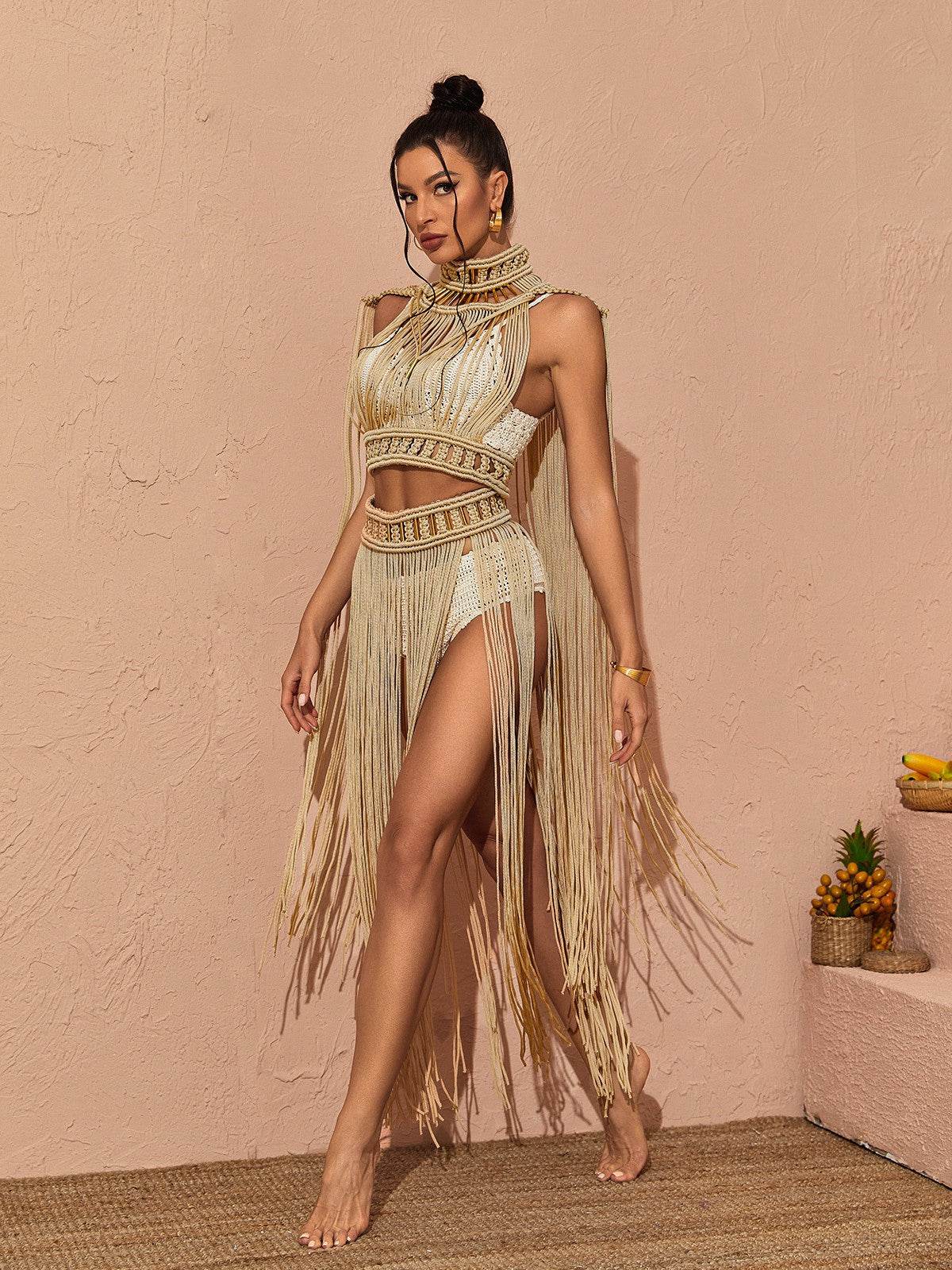 Nana Woven Fringe Set In Beige - REBECATHELABEL