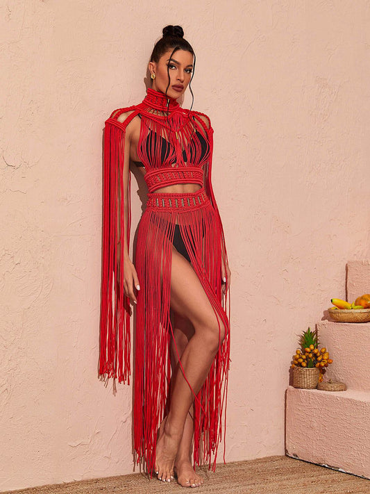 Nana Woven Fringe Set In Red - REBECATHELABEL