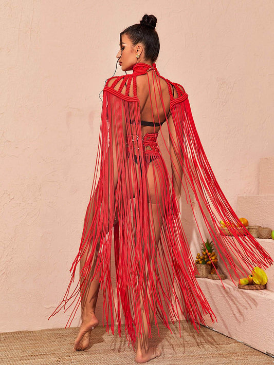 Nana Woven Fringe Set In Red - REBECATHELABEL