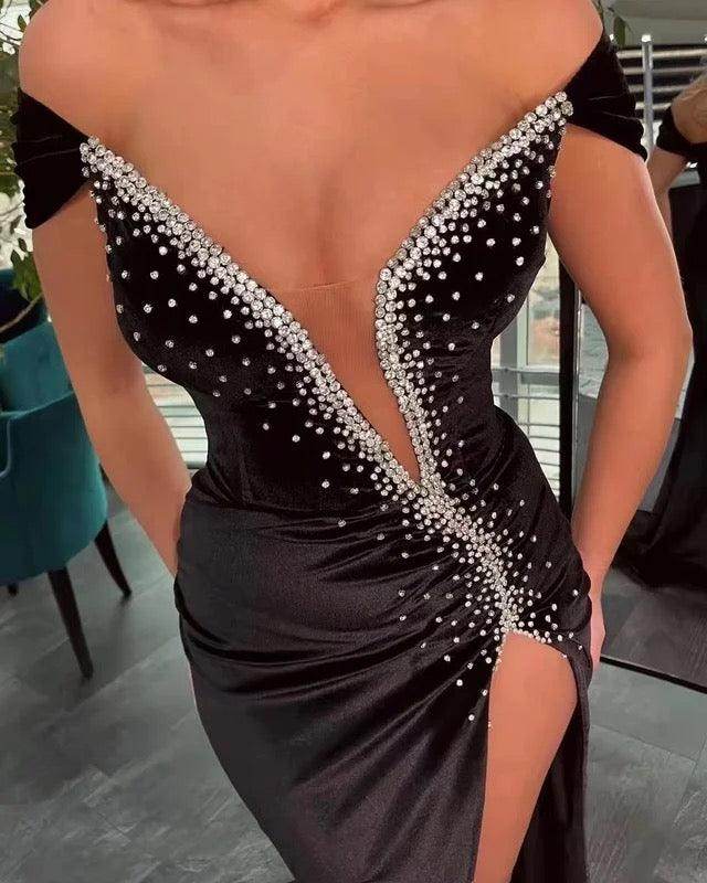 Neckline Heart Rhinestone High Slit Elegant dress - REBECATHELABEL