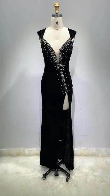 Neckline Heart Rhinestone High Slit Elegant dress - REBECATHELABEL