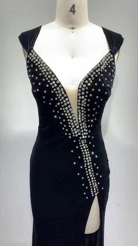 Neckline Heart Rhinestone High Slit Elegant dress - REBECATHELABEL