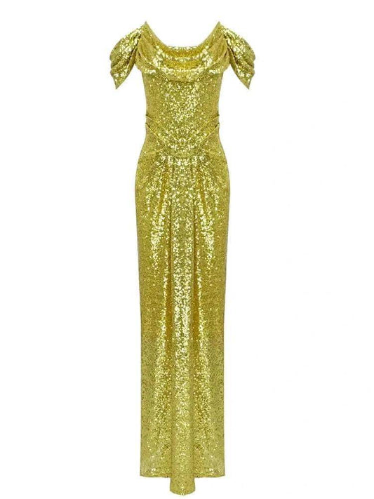 Neshel Off Shoulder Gold Sequin Maxi Dress - REBECATHELABEL