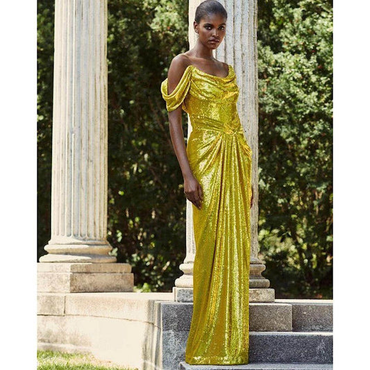 Neshel Off Shoulder Gold Sequin Maxi Dress - REBECATHELABEL