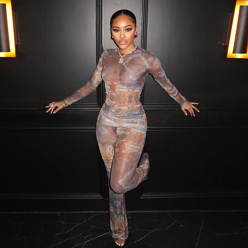 Long Sleeve round Neck Top Sexy See through Slim Fit Trousers Set