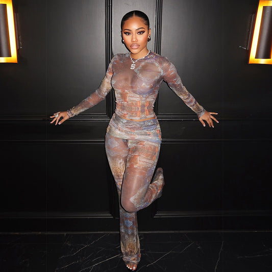 Long Sleeve round Neck Top Sexy See through Slim Fit Trousers Set