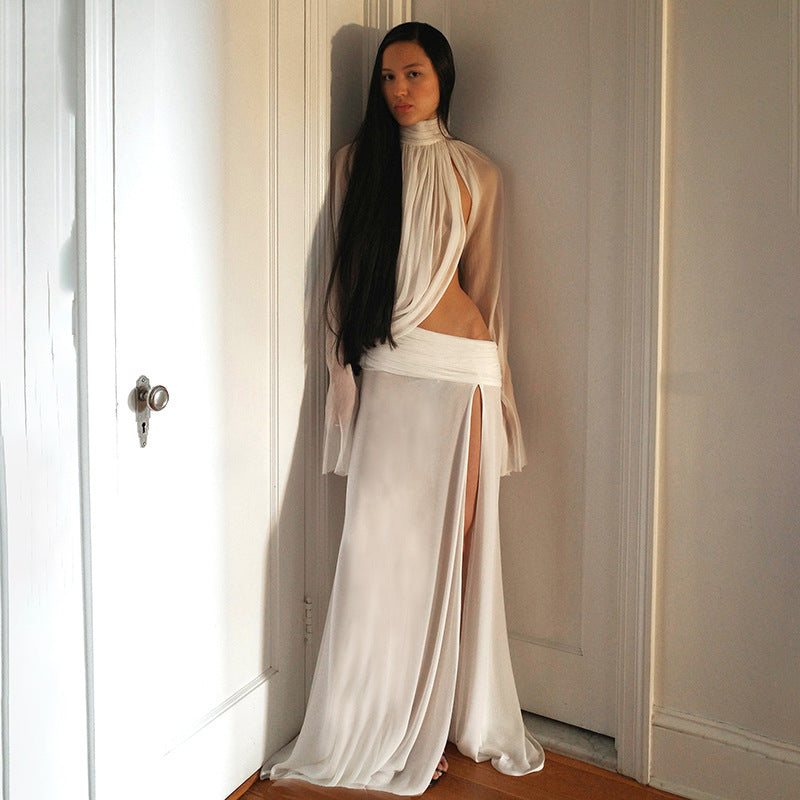 Sexy See through Turtleneck Bell Sleeve Top Split Skirt Two Piece Sets