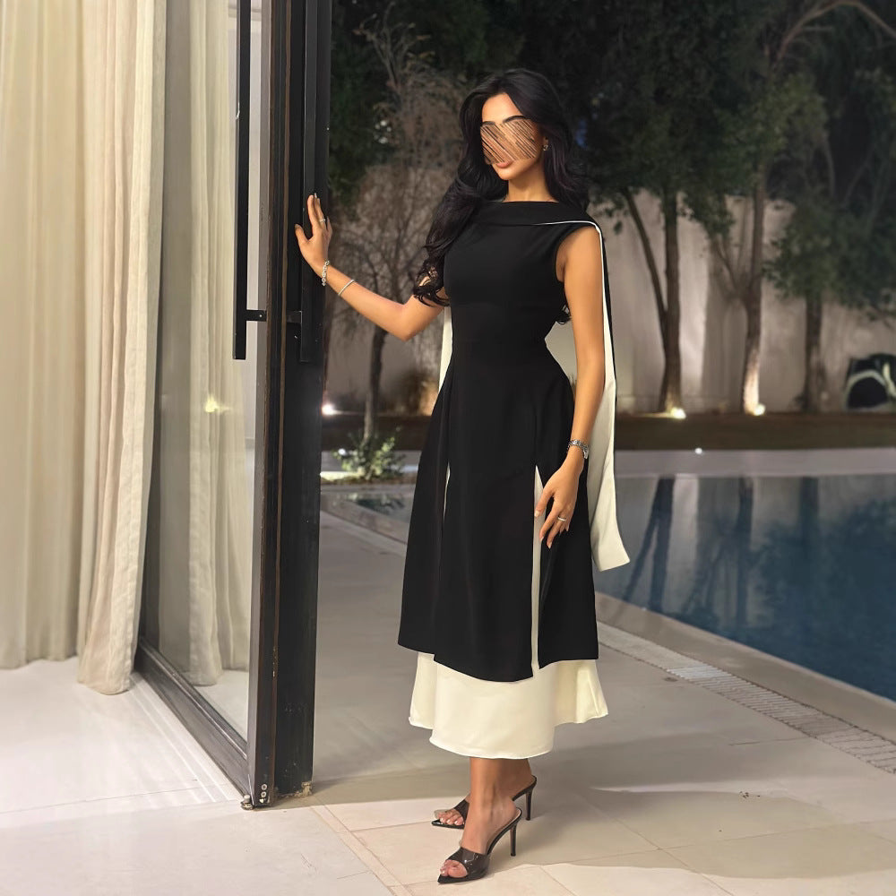 round Neck Multicolor Sleeveless Slim Elegance Retro Dress