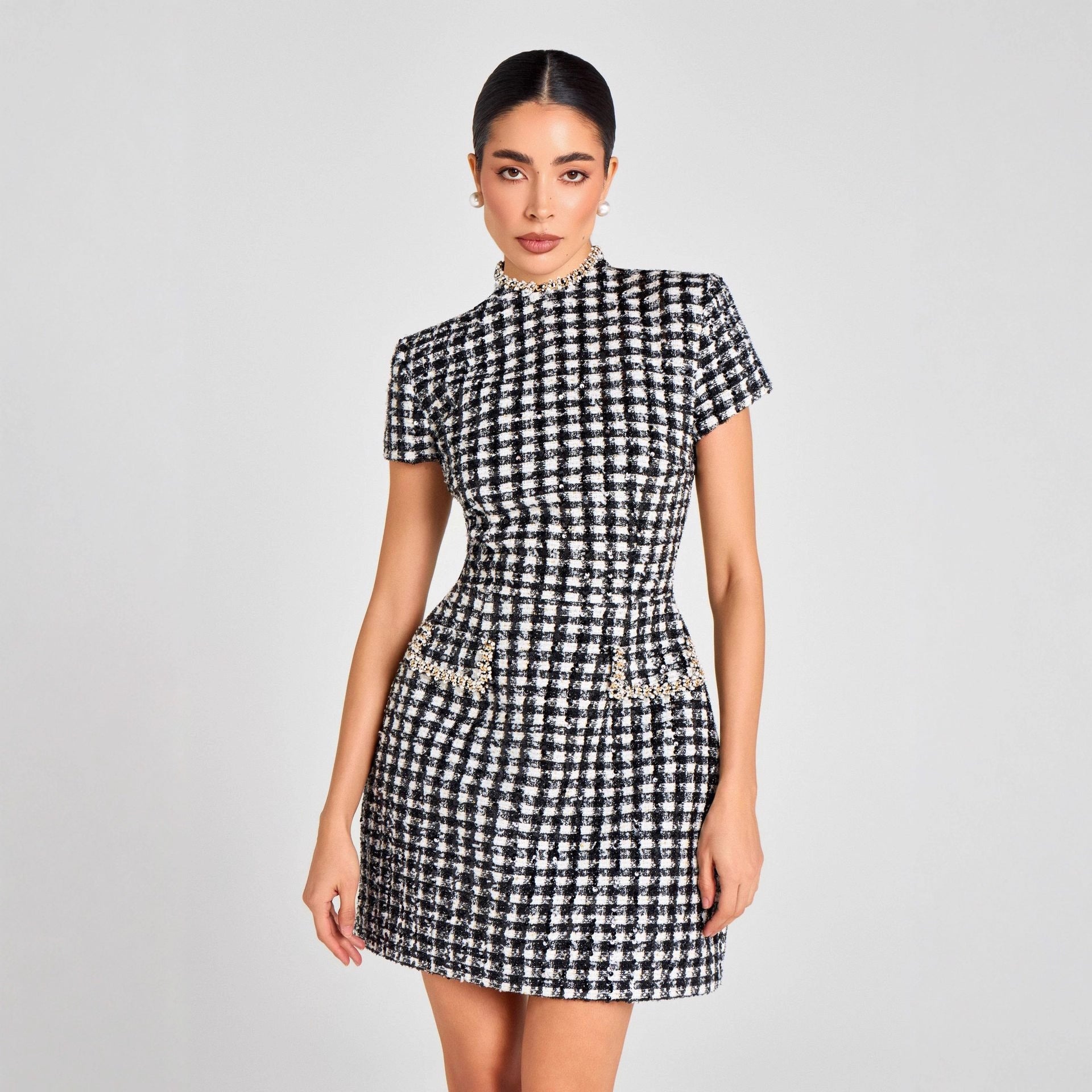 Elegant Slim Fit Slimming round Neck Beaded Plaid Classic Mini Dress