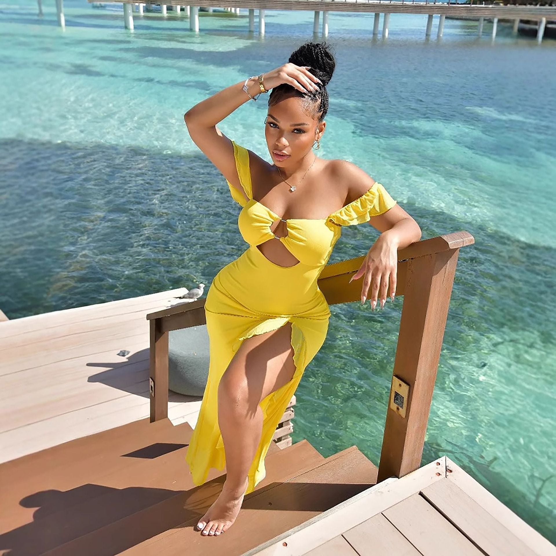 off Shoulder Tube Top Hollow Out Cutout Slim Fit Slit Dress