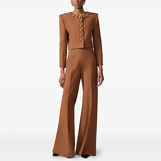 Round Neck Simple Buttons Decorative Short Coat Long Sleeved Two Piece Set