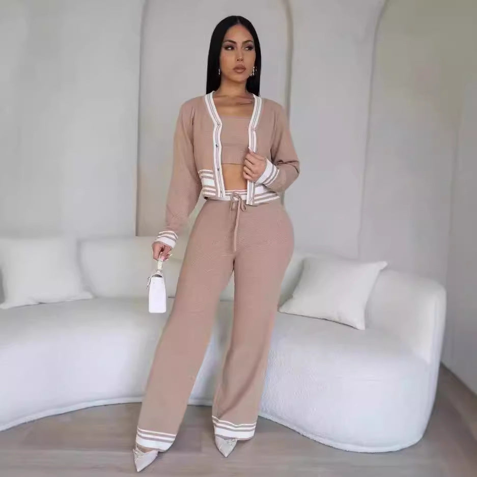 Autumn Winter Ladies Striped Cardigan Knit Casual Three Piece Set