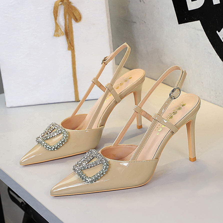 Rhinestone Pointed Toe Shallow Mouth Ankle Strap Buckle Pumps