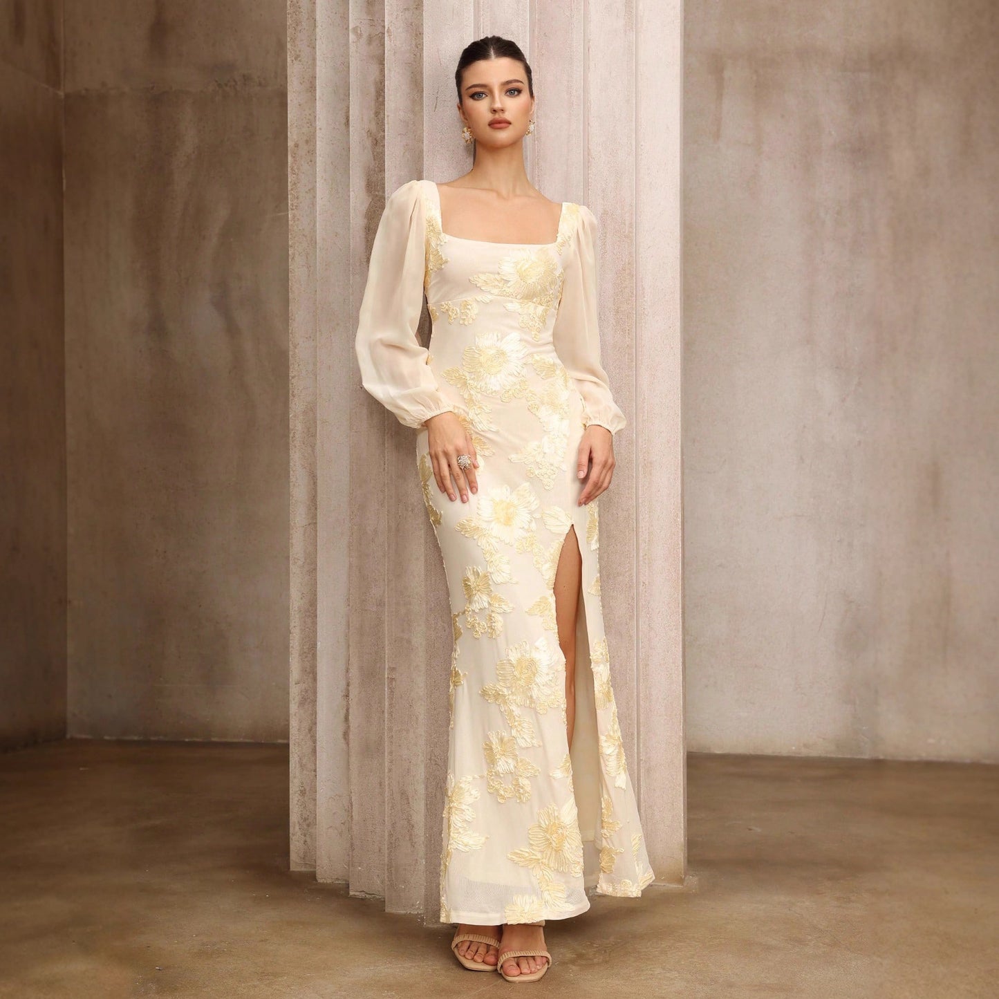 Women Clothing Cheongsam Formal Dress Plate Floral Embroidered Square Collar Slit Cocktail Dress