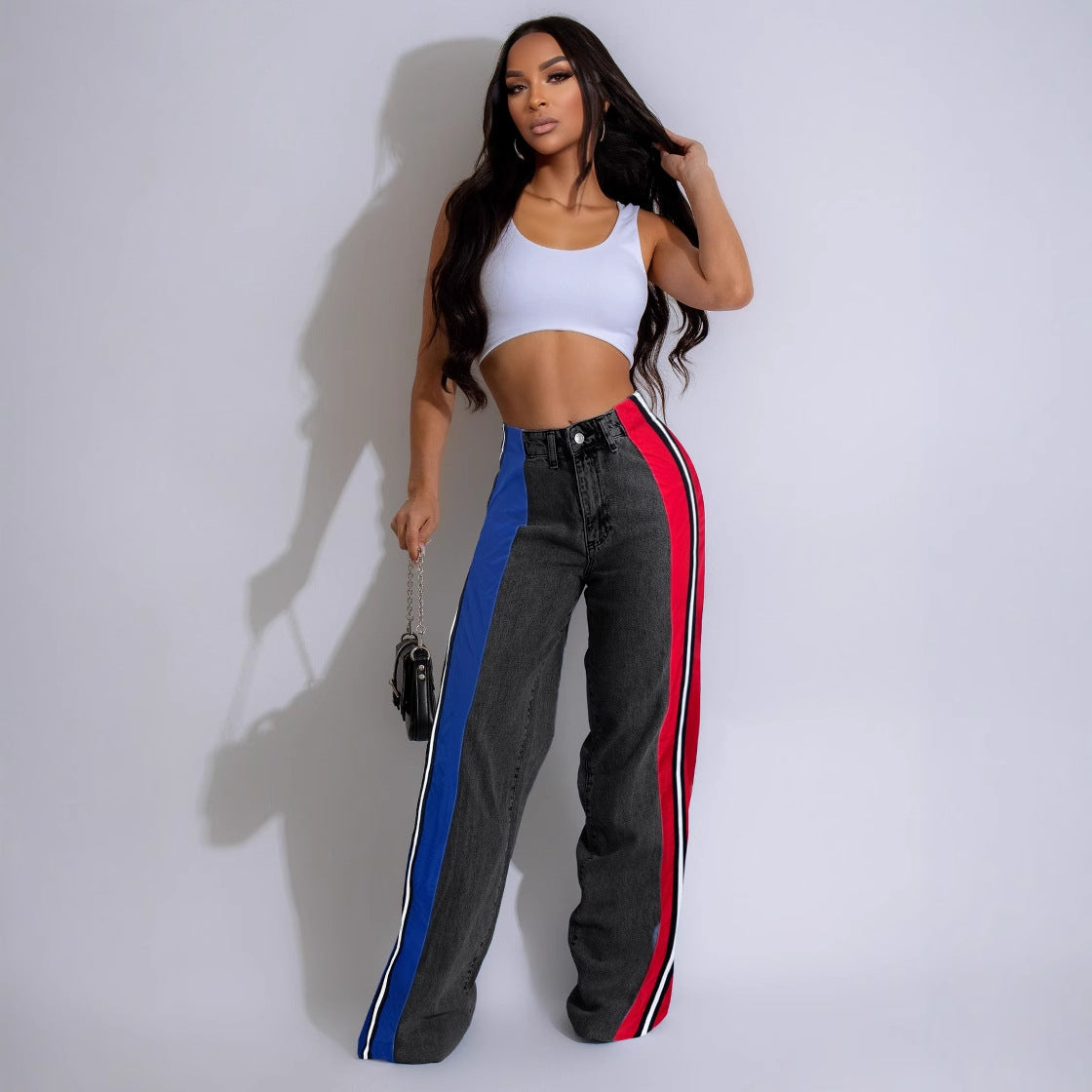 Women Clothing Patchwork Stripes Contrast Color Denim Trousers Casual Waist Stretchy Straight Leg Pants