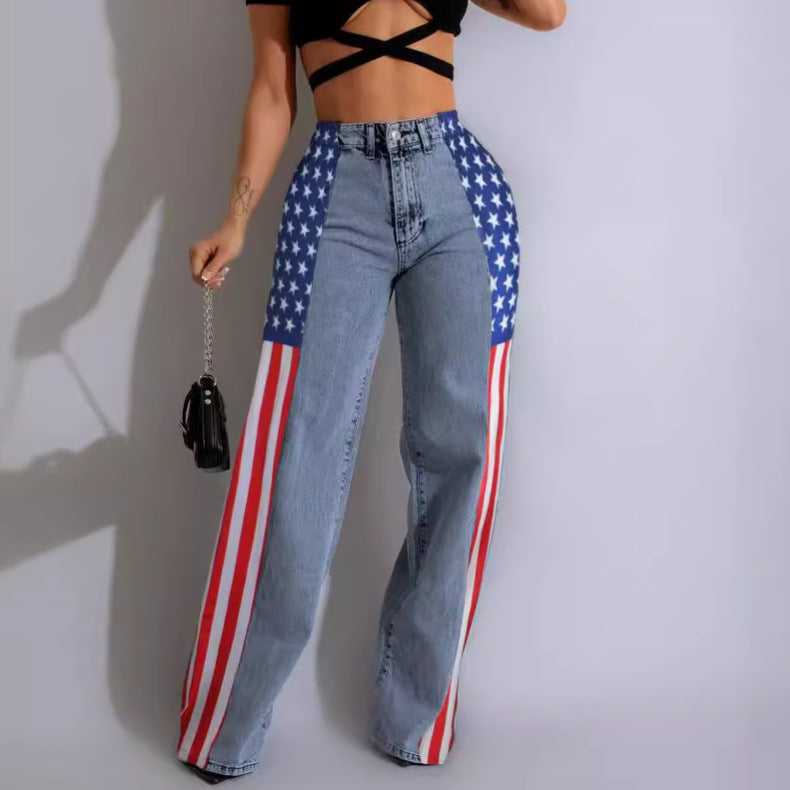 Flag Print Stretchy Wide Leg Denim Trousers Women Casual High Waist Straight Jeans