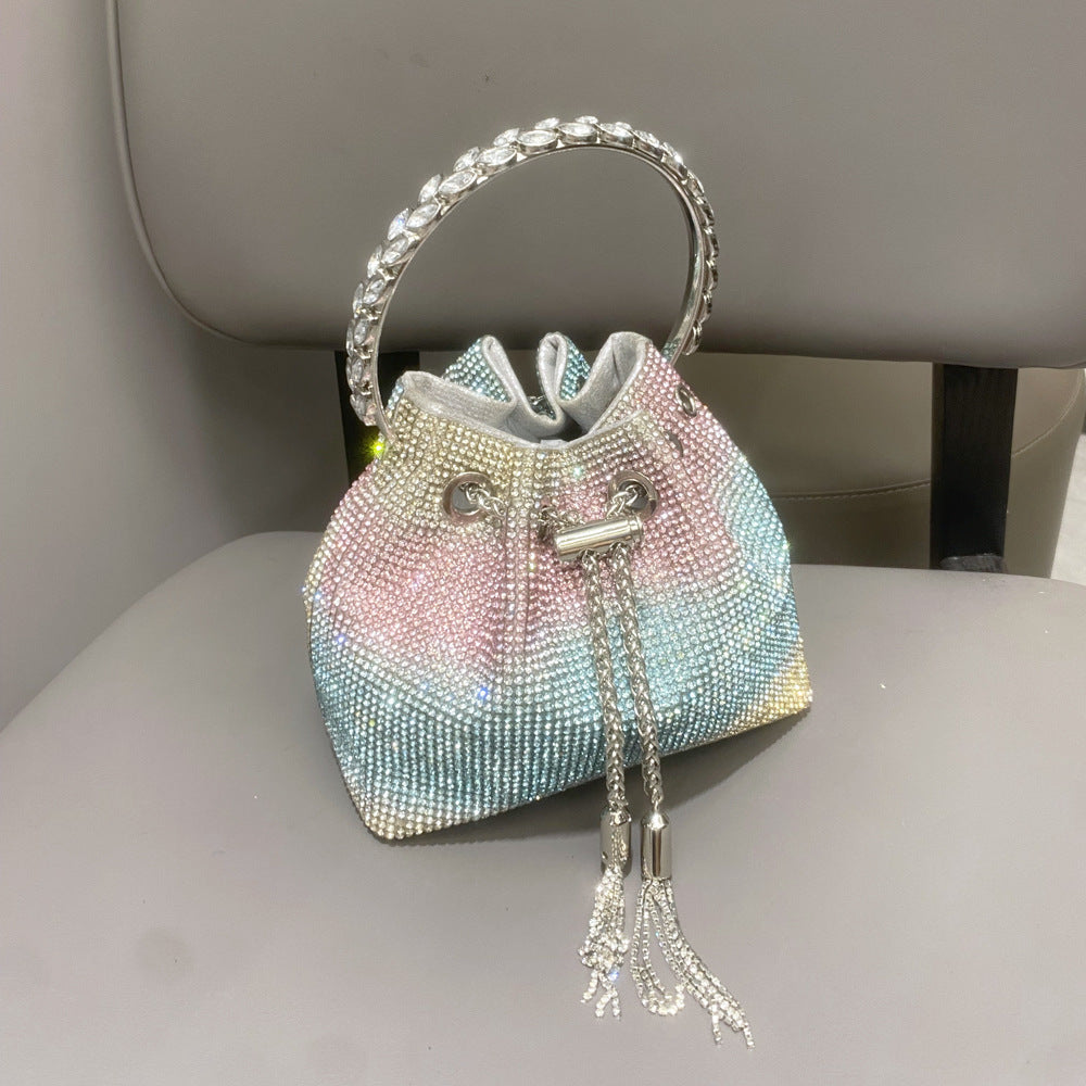 Rhinestone Bucket Bag with Diamond Handle Handbag Shoulder Crossbody Small Bag Rhinestone Bag