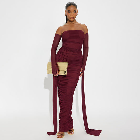 Solid Color off Neck Long Sleeve Ribbon Mesh Pleated Slim Dress