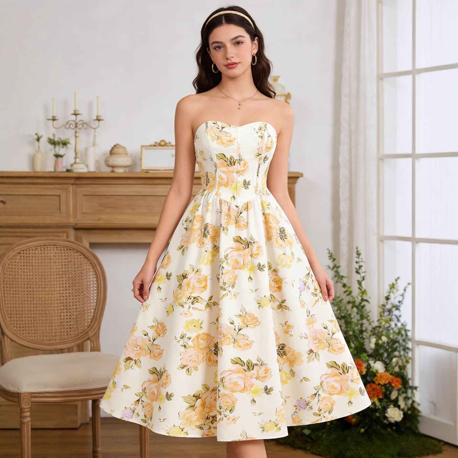 Yellow Dopamine Atmosphere High Sense Seaside Vacation Printed Dress