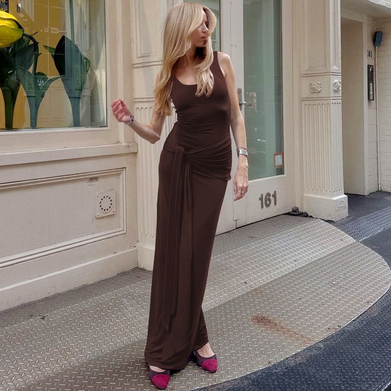 Collar Sleeveless Vest Waist Trimming Lace up Tight Dress