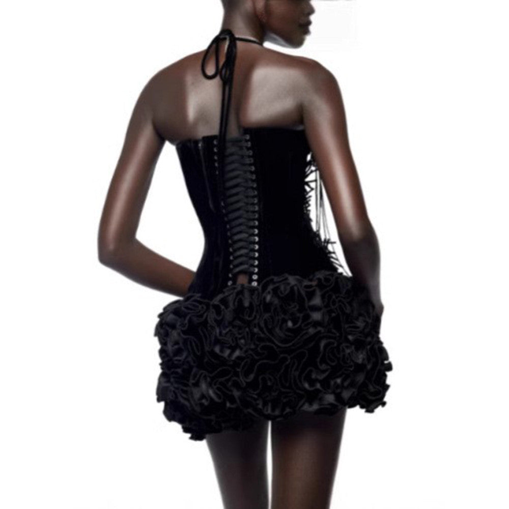 Sexy Lacing Halter Top Three Dimensional Floral Skirt Two Piece Party Dress Bandage Set