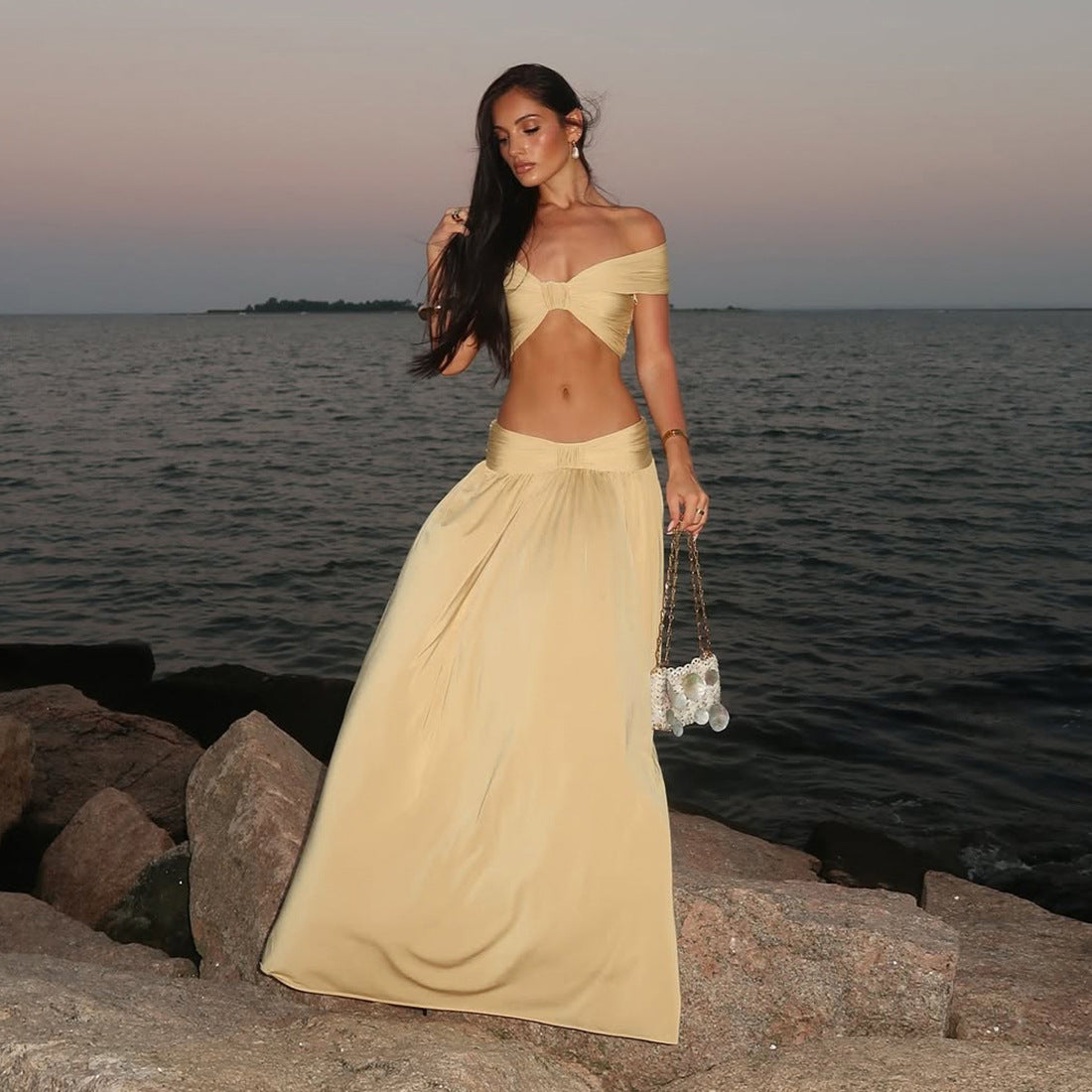 Sexy Tube Top Backless Simple Maxi Dress Two Piece Suit