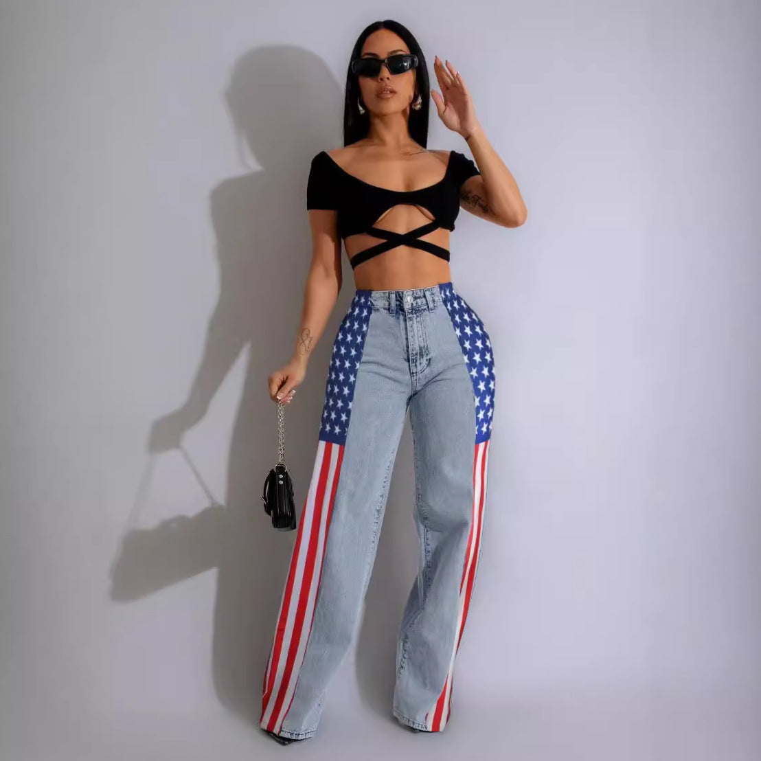 Flag Print Stretchy Wide Leg Denim Trousers Women Casual High Waist Straight Jeans