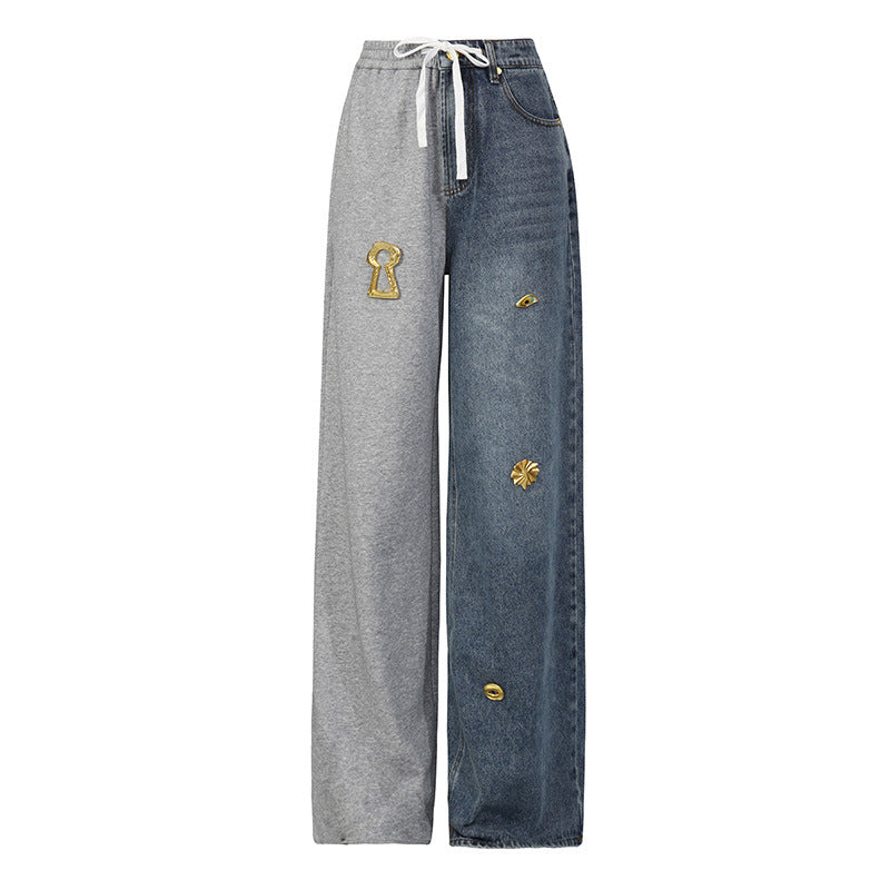 Street Stitching Jeans Niche Contrast Color Straight Leg Trousers