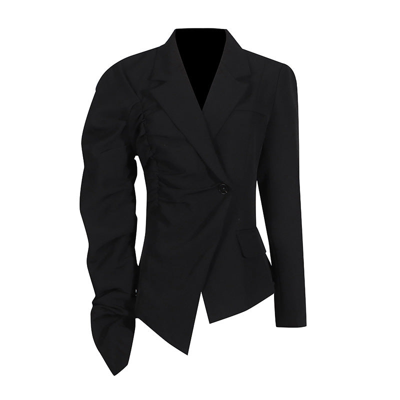 Irregular Asymmetric Design Spring Pleated Single Button Blazer