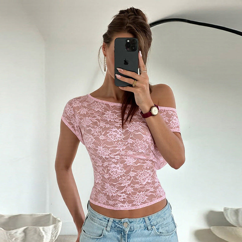 Slim Hollow Out Cutout Lace Diagonal Collar Tight T shirt Sheer Top