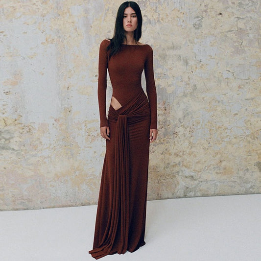 Women Clothing Autumn Solid Color round Neck Long Sleeve Waist Hollow Out Cutout out Strap Slim Maxi Dress