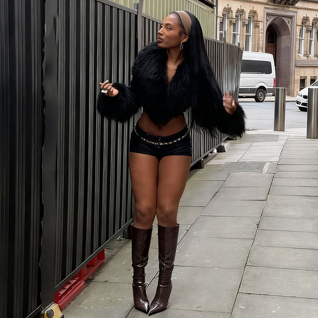 Tassel Fur Collar Stitching Long Sleeve Solid Color V neck Cropped Leather Coat