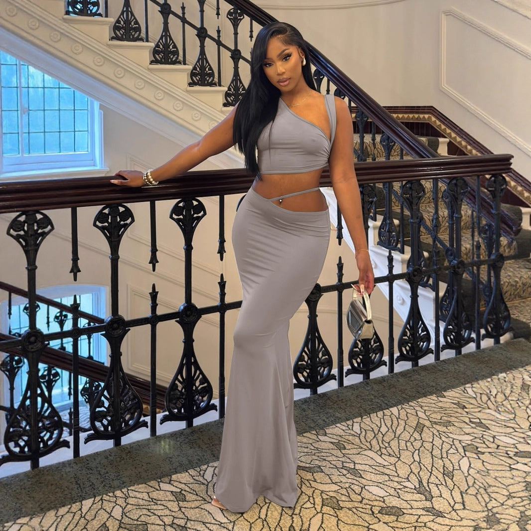 Summer Solid Color Sexy One Shoulder Diagonal Collar Top Exposed Cropped Skirt Two Piece Sets