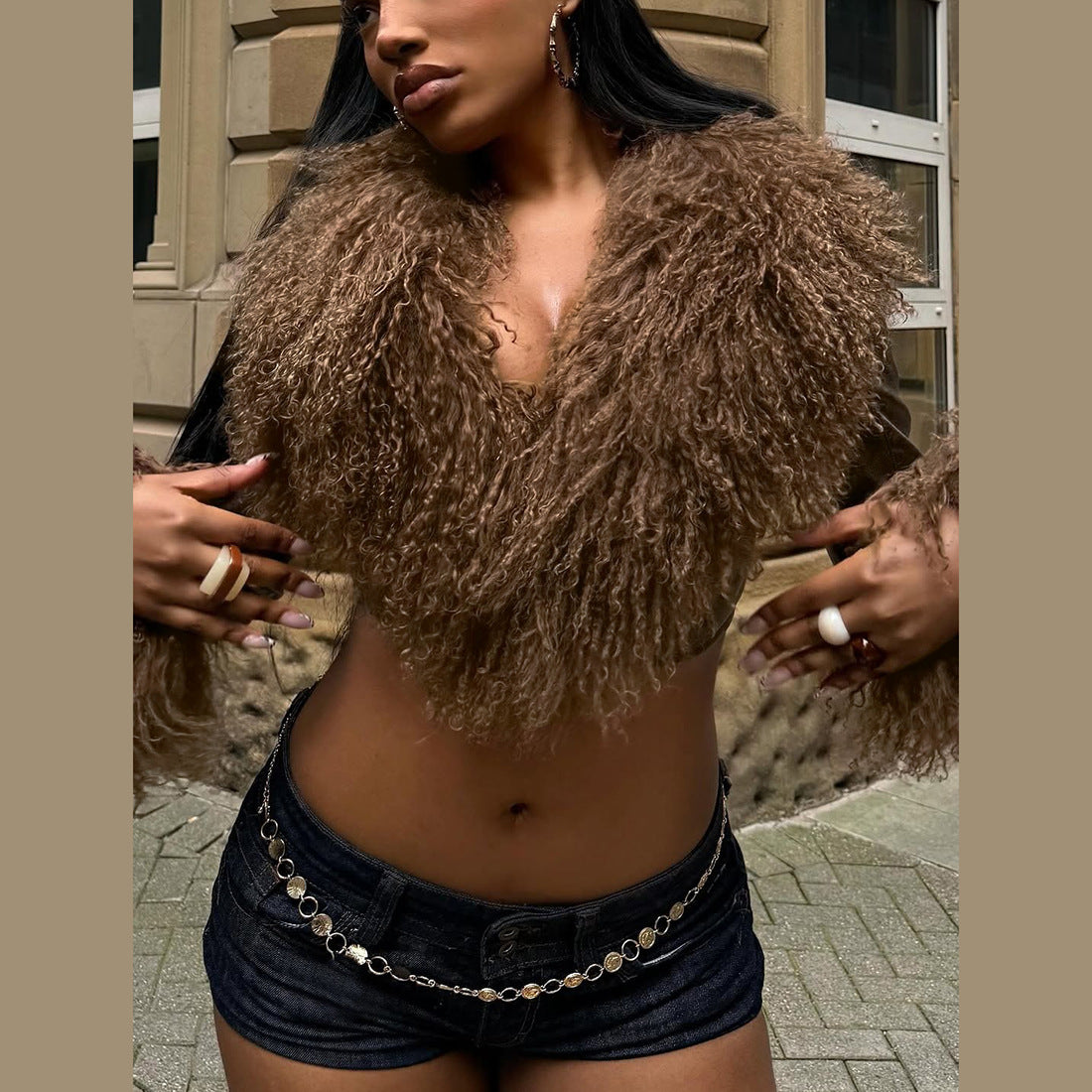 Tassel Fur Collar Stitching Long Sleeve Solid Color V neck Cropped Leather Coat