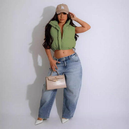 Source Autumn Solid Color Stand Collar Sleeveless Zipped Cotton Padded Jacket Ladies Vest