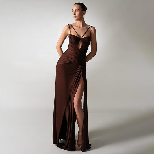 Slim Fit Maxi Dress Backless Brown Pleating Ribbon Dress