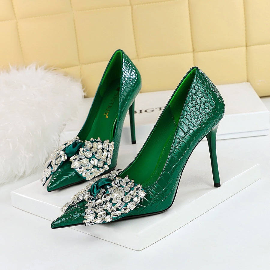 Korean Cocktail High Heels Stiletto Heel Shallow Mouth Pointed Toe Rhinestone Bow Pumps Women