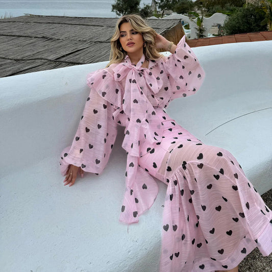 Women Clothing Printing Stand Collar Puff Sleeve Top Sling Basic Half Length SkirtThree Piece Set