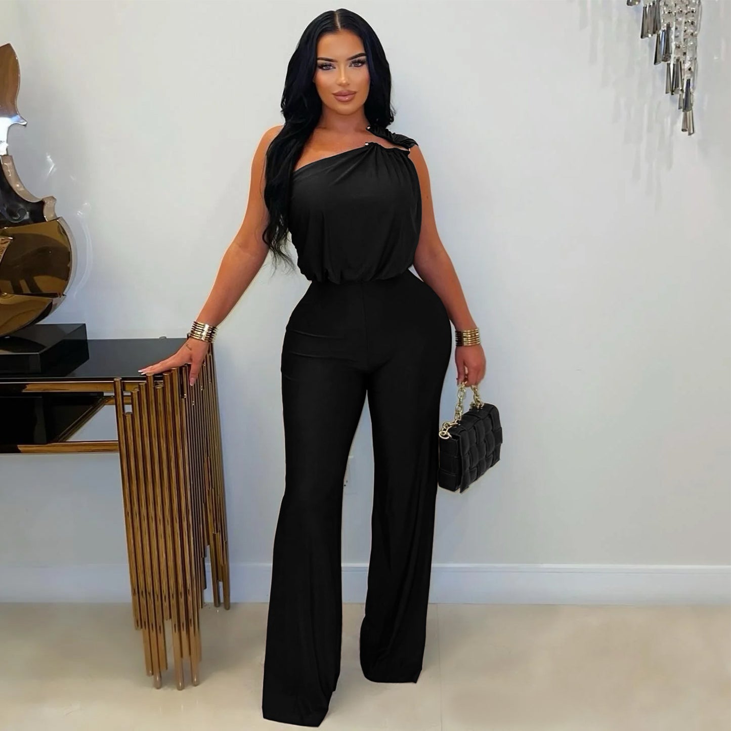 Casual Shoulder Sleeveless Sheath Wide Leg Jumpsuit