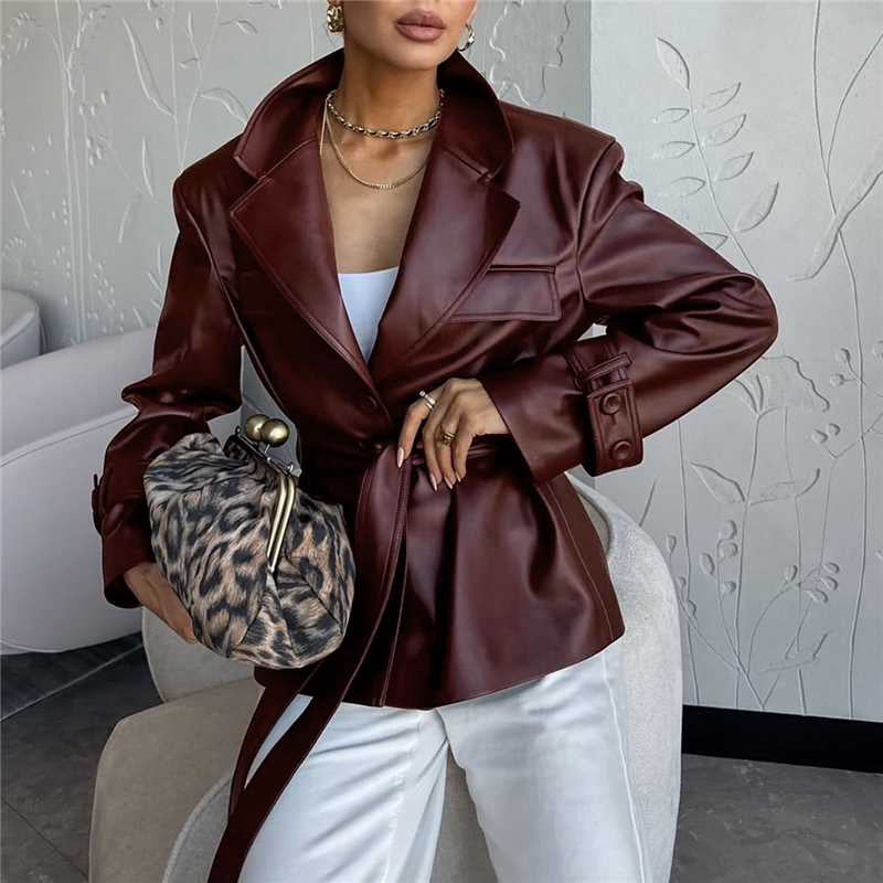 Long Sleeved Leather Fashionable Elegant Faux Leather Coat