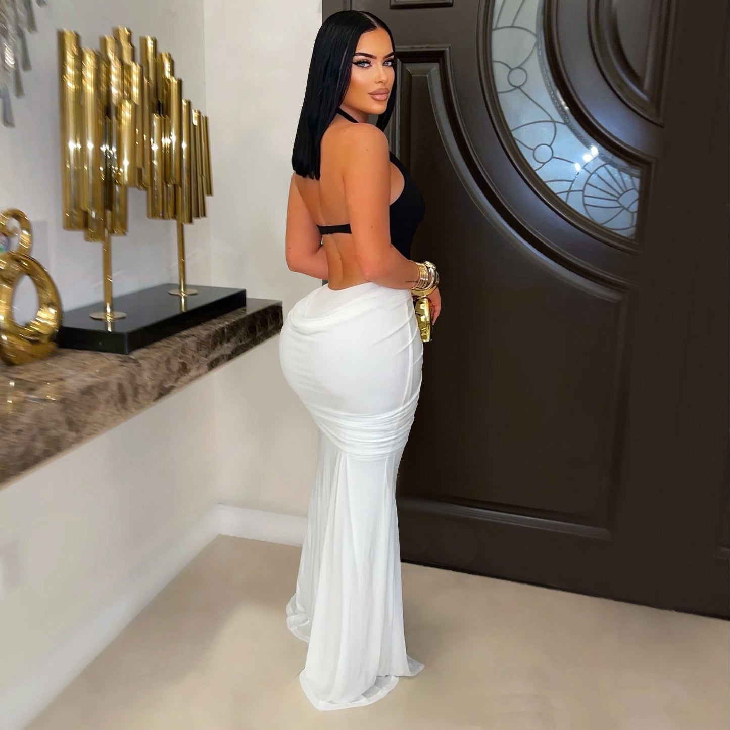 V Neck Arm Covering Split Backless Dress