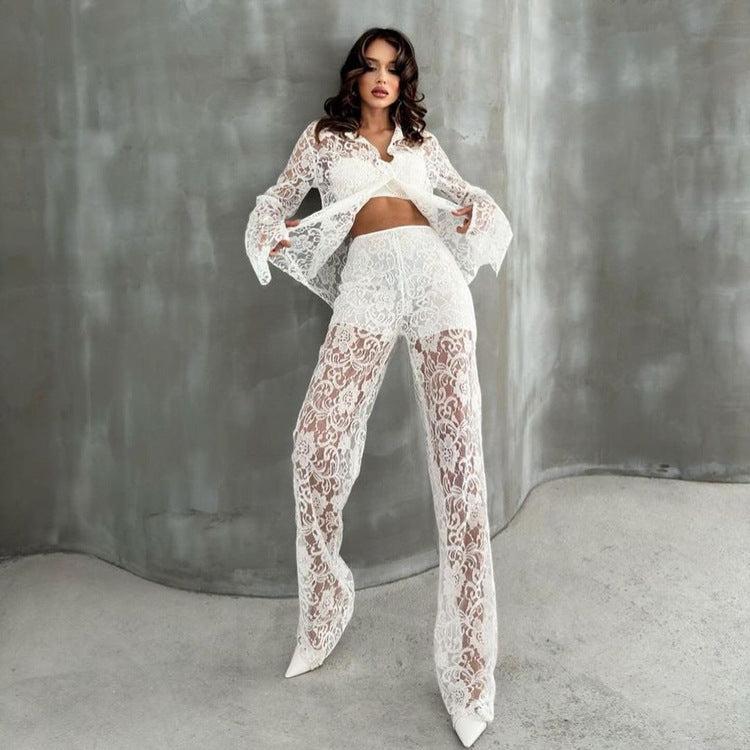 Women Clothing Sexy Hollow Out Cutout out See through Collared Long Sleeve Cardigan Shirt Wide Leg Pants Two Piece Set
