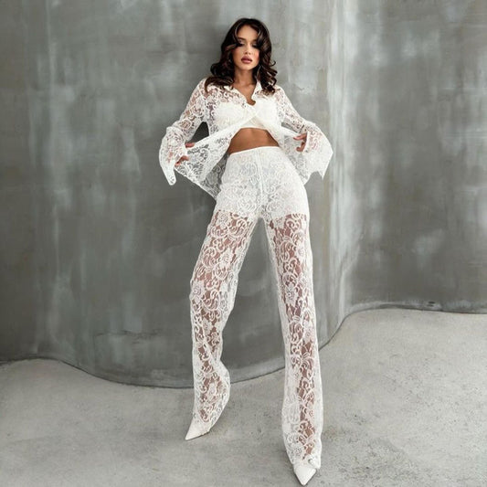 Women Clothing Sexy Hollow Out Cutout out See through Collared Long Sleeve Cardigan Shirt Wide Leg Pants Two Piece Set