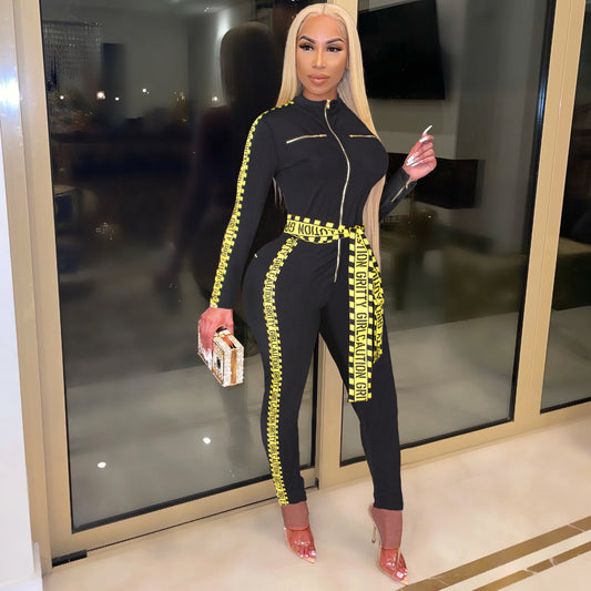 Women Clothing Sexy Letters Printing Strip Stitching Jumpsuit