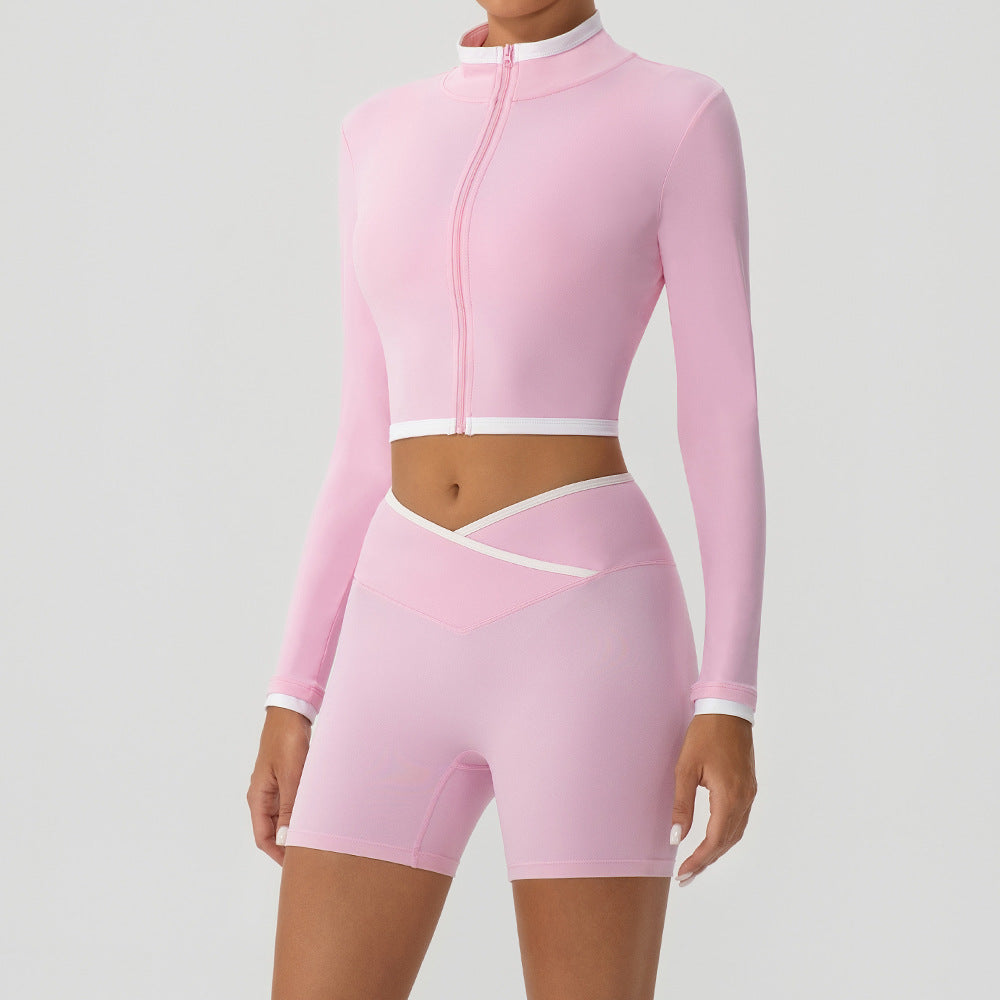 Autumn Winter Yoga Wear Coat Contrast Color Body Shaping Stand Collar Zipper Running Long Sleeve Top Women